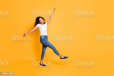 Full Length Body Size Turned Photo Of Cheerful Pretty Crazy Dancing