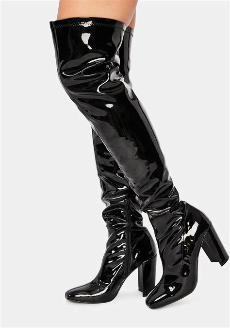 patent faux leather thigh high heeled boots black dolls kill