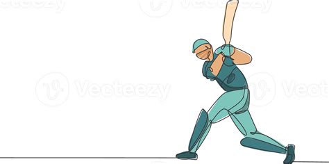 One Single Line Drawing Of Young Energetic Man Cricket Player Standing
