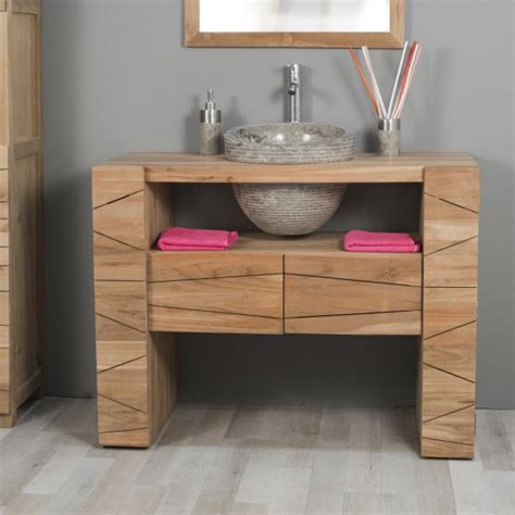 Armoire de salle de bain en forme de meuble colonne à 4 étagères avec porte pleine sur une tiroir à fermeture amortie. Meuble sous vasque (simple vasque) en bois (teck) massif ...