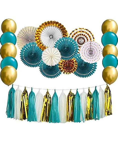 Teal Gold Birthday Party Decorations Gold Teal Blue Hanging Paper Fans