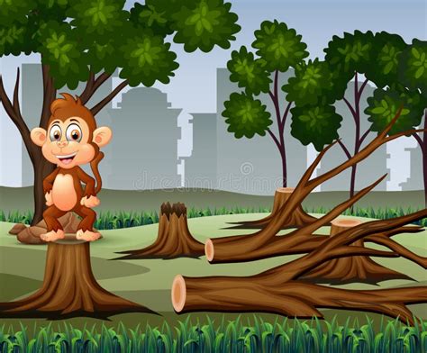 Deforestation Scene With Monkey And Timber Illustration Stock Vector