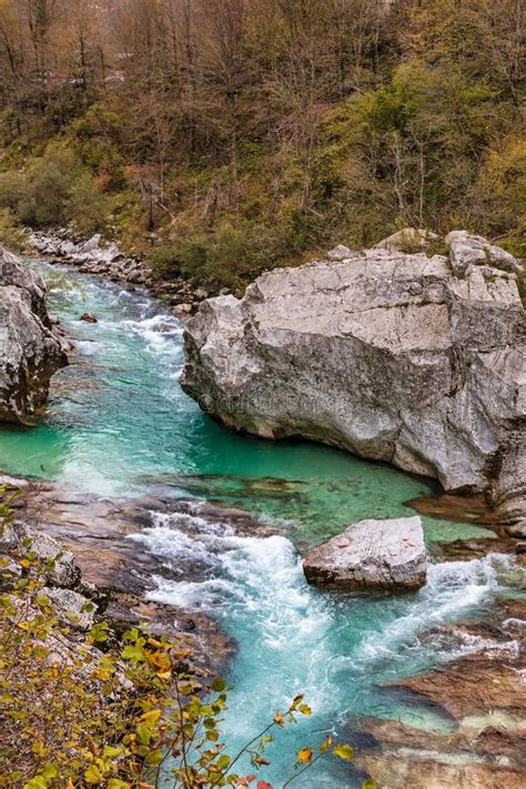 Rocky Banks Of Emerald Soca River In Autumn Season Stock Image Image