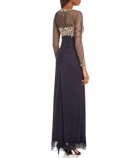 Xscape Long Sleeve Gold Embroidered Rouched Gown Dillards Dark