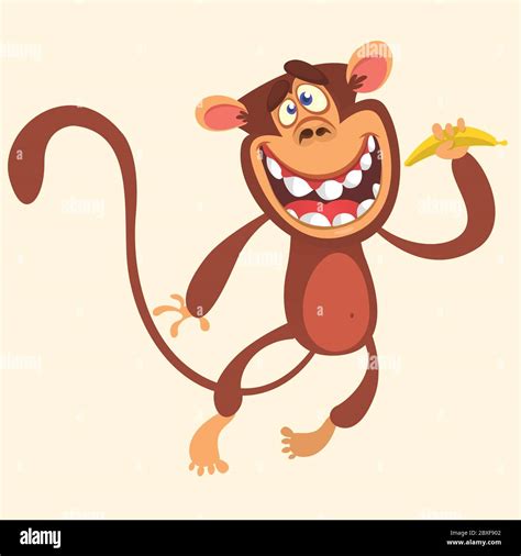 Cartoon Monkey Holding Banana And Jumping Vector Illustration Of
