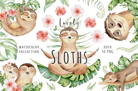 Lovely Sloths Watercolor Set On Yellow Images Creative Store