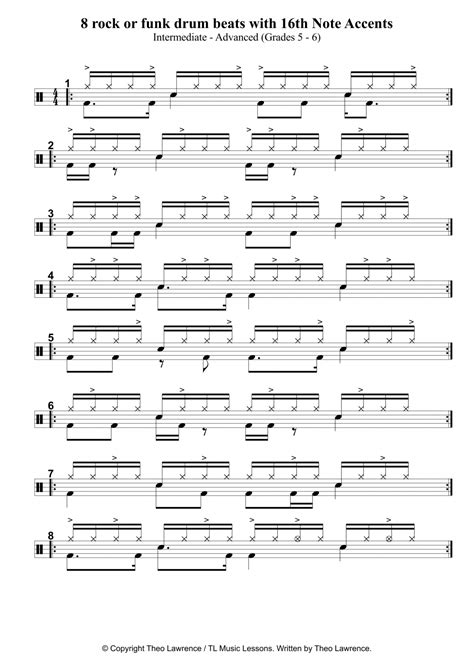 8 Rock Or Funk Drum Beats With 16th Note Accents For Grade