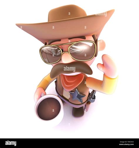 3d Render Of A Funny Cartoon Cowboy Drinking A Cup Of Coffee Stock