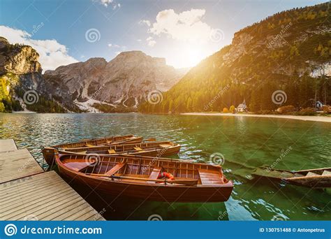 Lake Braies Pragser Wildsee In Dolomites At Sunset Sudtirol Italy