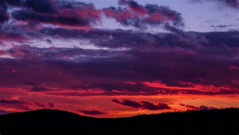 Purple Red Pink Sunset Sky Afterglow Over Mountains Silhouette Time