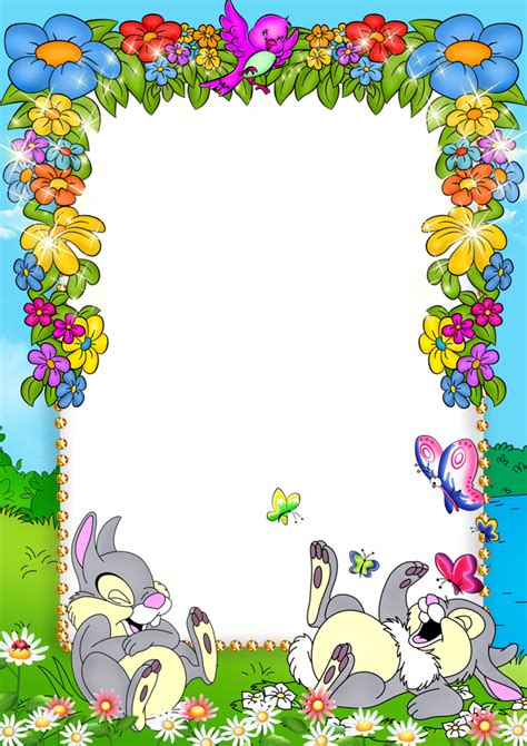 Cute Blue Kids Png Photo Frame With Flowers And Bunnies Clip Art