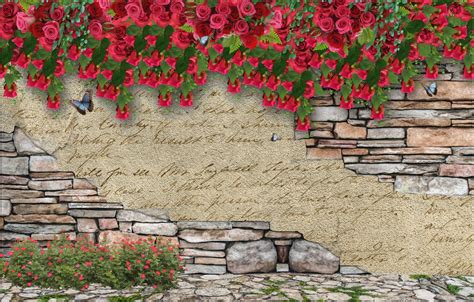 Brick Wall With Flowers Wallpaper Mural Blossom Wall Etsy