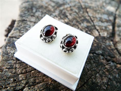 Earrings Garnet Studs Red Gemstone Silver Handmade Sterling Gothic