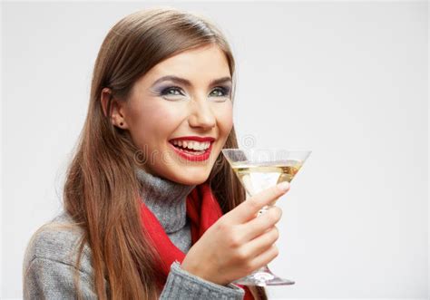 Woman Drink Wine Glass Isolated Studio Portrait Stock Photo Image