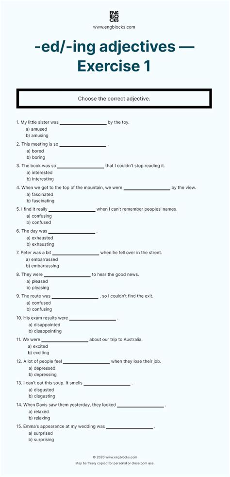 Adjectives With Endings Ed Ing Worksheet 1 Adjectives Exercises