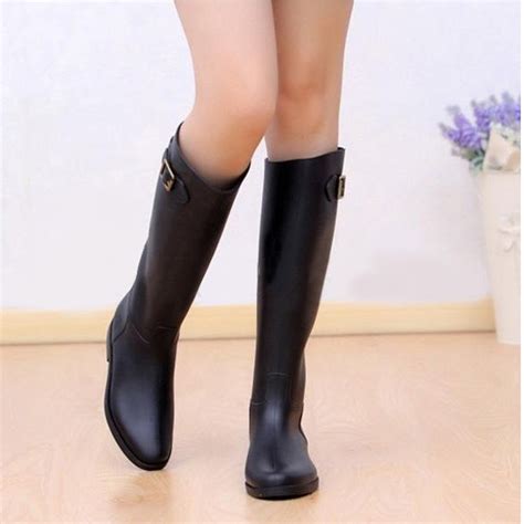 Spring Autumn Women New Fashion Rain High Knee Length Black Rubber Boots Shoes Waterproof