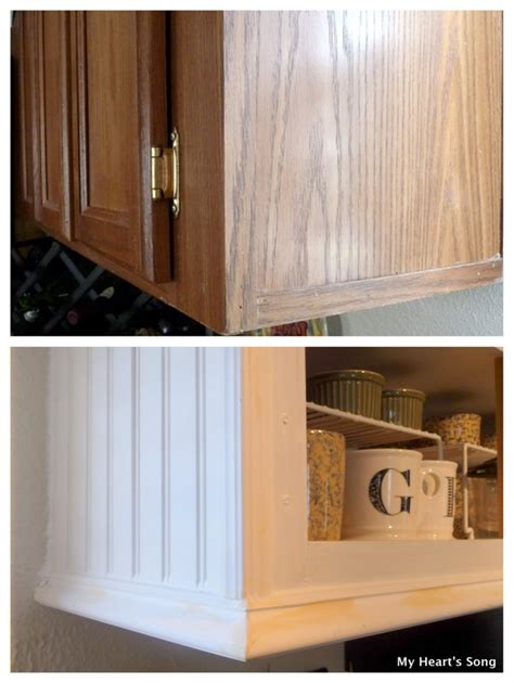 You can paint the beadboard to match the color of the cabinet or you can simply add them as they are for cabinets that are stained as it all depends on what you want to have as an end product. My Heart's Song: Kitchen Makeover - Phase Two