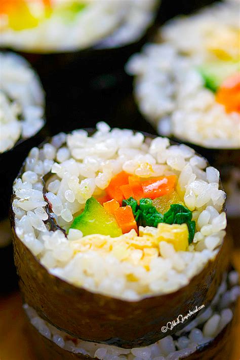 To help seal the roll, put some rice on the end of seaweed sheet gap, or apply some water on it. VEGETARIAN KIMBAP (KOREAN SEAWEED RICE ROLL) - Gilded ...