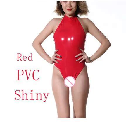 High Cut Swimsuit High Neck Halter Bodysuit Pvc Shiny One Piece