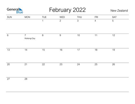 February 2022 Calendar New Zealand