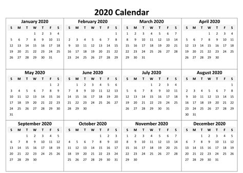 Free 2020 One Page Calendar Printable Download