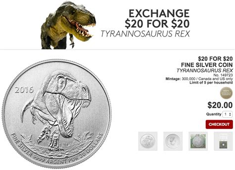 royal canadian mint offers 20 for 20 fine silver coin 2016 tyrannosaurus rex canadian