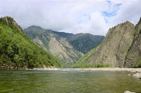 Mountain River On A Background Of Mountains Siberia Sayan Mountains
