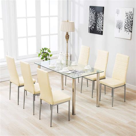 Mecor 7 piece kitchen dining set, glass top table with 6 leather chairs