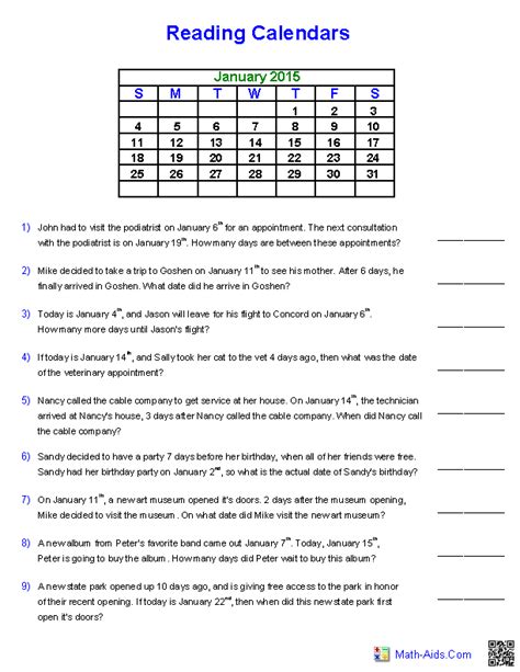 Calendar Worksheet For 3rd Grade