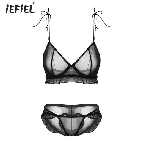Sexy Womens Exotic See Through Sheer Mesh Lingerie Sets Ruffles