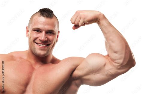 Smiling Bodybuilder Flexing Arm Shirtless Excited Muscular Healthy