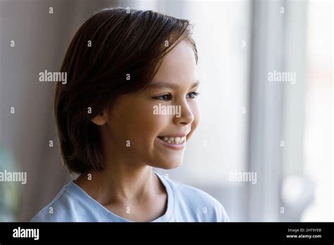 Closeup Portrait Cute Little Boy Smiling Looking Into Distance Stock