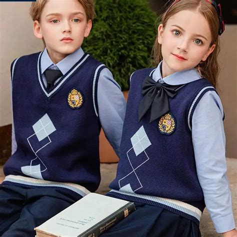 Customized Kindergarten Uniform Light Blue Shirts Knit Sweater Vest
