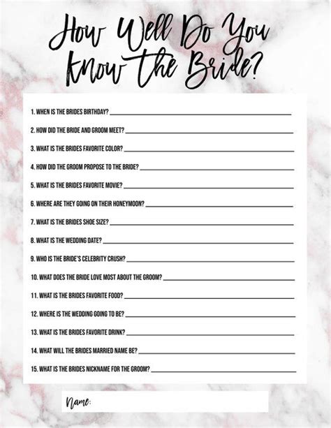 Bachelorette Party Or Bridal Shower Game How Well Do You Know The