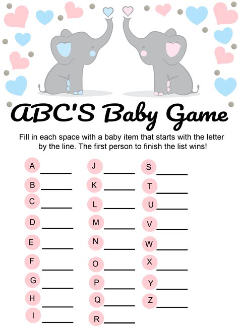 Elephant Abc Baby Shower Game Baby Elephants Gender Reveal A To Z