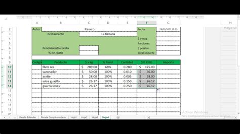 Como Elaborar Un Formato Para Costeo De Recetas En Excel Youtube