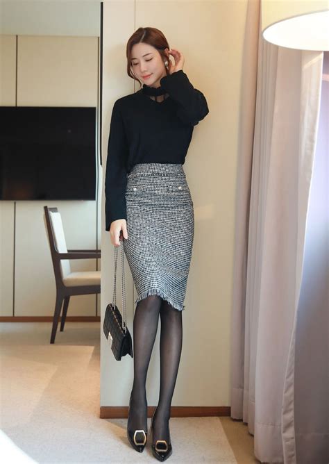Styleonme Pearl Button Tweed Pencil Skirt 47840 Tight Skirt High