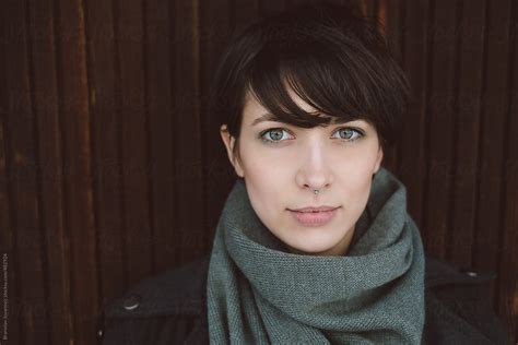 Portrait Of A Beautiful Short Haired Brunette At Winter Time By