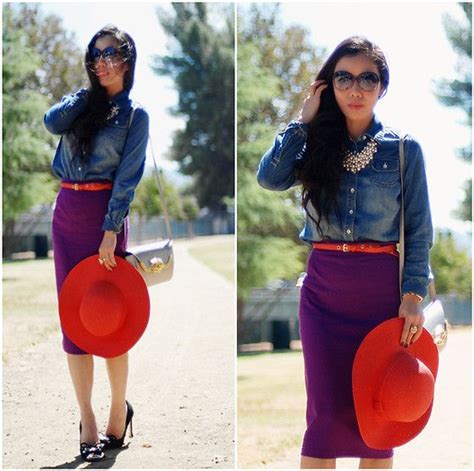 Purple Pencil Skirt Denim Shirt Red Skinny Belt Purple Skirt Outfit Winter Purple Skirt
