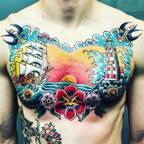 Nautical traditional chest tattoo. #Tattoosformen | Men tattoos arm