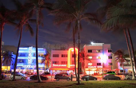 Ocean Drive Art Deco Buildings Illuminated At Dusk In Miami Beach