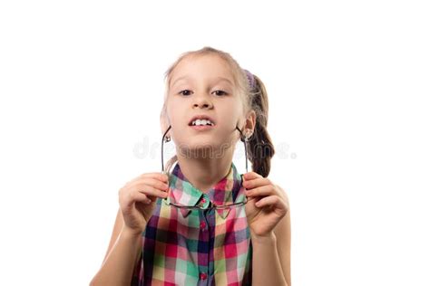 Little Cute Girl In Glasses Posing On A White Background Stock Image