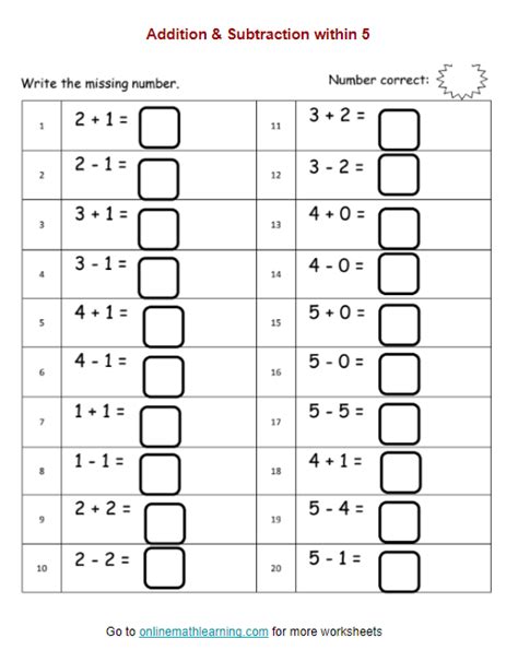 Addition And Subtraction Within 5 Worksheets Kindergarten Printable
