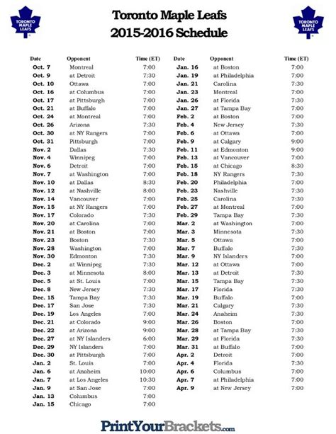 Printable Toronto Maple Leafs Hockey Schedule 2015 2016 Boston