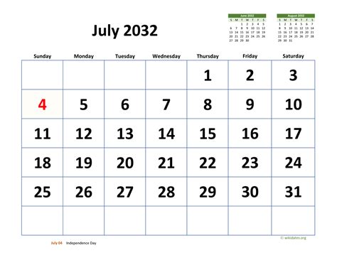 July 2032 Calendar With Extra Large Dates