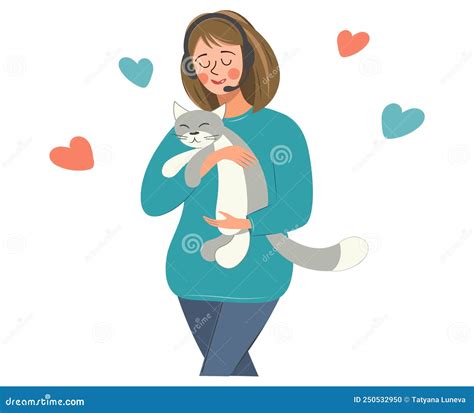 Happy Girl With A Cat In Her Arms Nice Woman Hugging A Pet Portrait