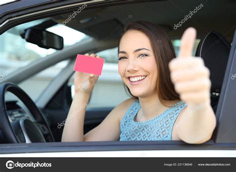 Happy Driver Showing Blank Card License Thumbs Car Stock Photo By