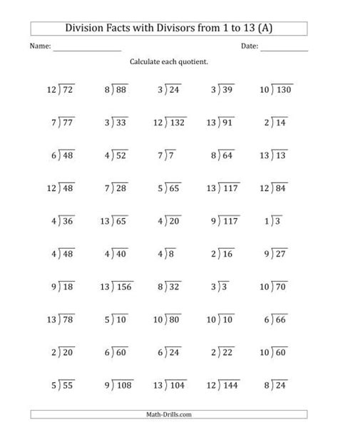 Division Facts With Divisors And Quotients From 1 To 13 With Long