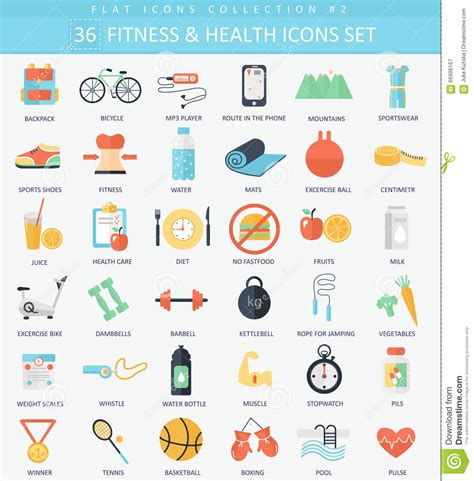 Vector Fitness And Health Flat Icon Set Elegant Style Design Stock