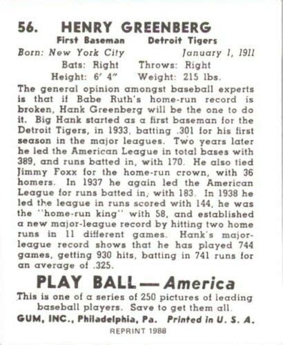 50 Hank Greenberg 1939 Play Ball Card 56 Reprints Tigers Ebay